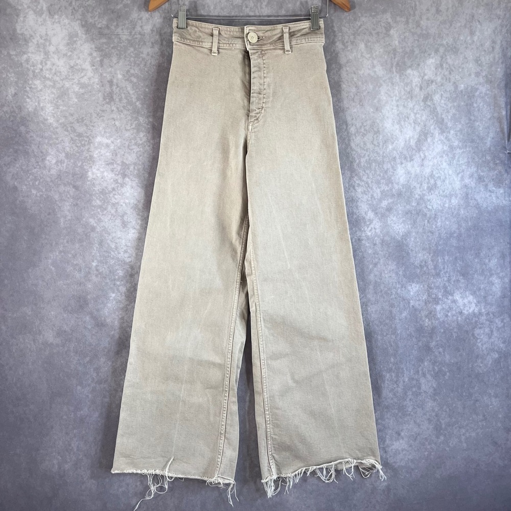 Zara Wide Leg Pants Womens 2 Tan High Rise Raw Hem Denim Trousers 8246/253/718